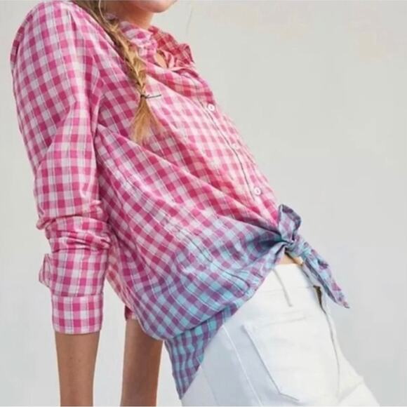 Anthropologie Pilcro Deb Shimmer Gingham Ombre Button Front Relaxed Shirt Small - Picture 1 of 13